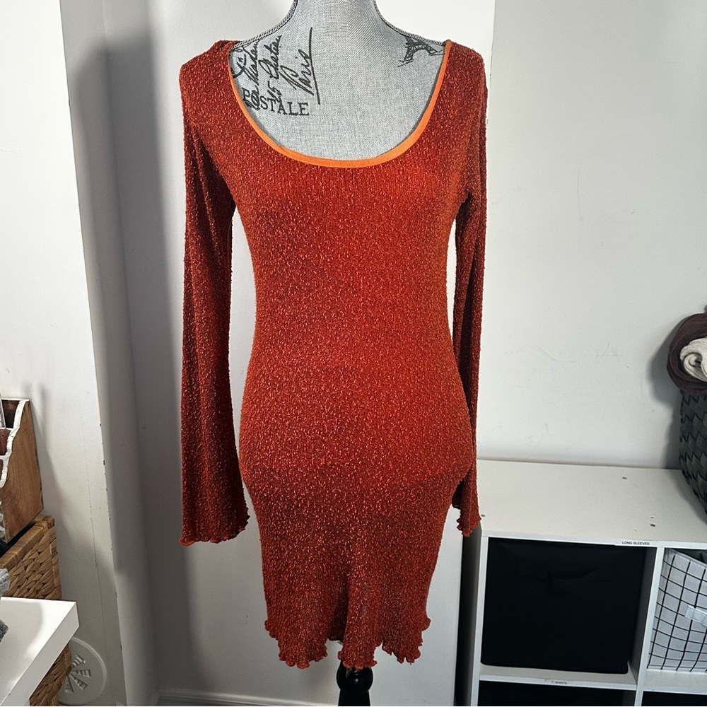 Mother Earth Hand Knit Textured Midi Dress Rust Orange Small Medium